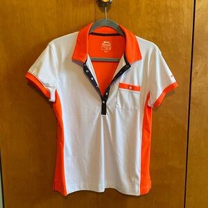 Slazenger ladies golf polo, orange, gray, and white with snaps
